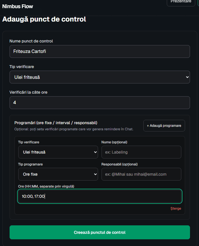 Ecran de configurare punct de control cu tip verificare si programari.