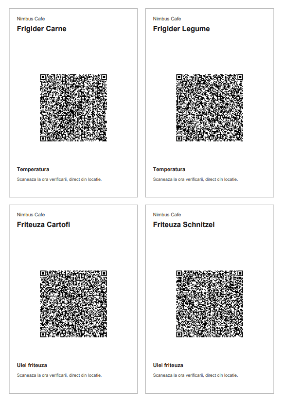 Pagina de export print-ready cu coduri QR pentru punctele de control.